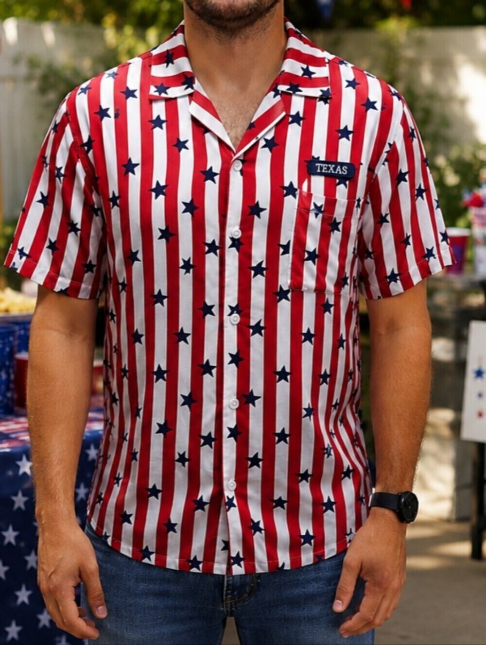 Home Free Patriotic Stars & Stripes "TEXAS" patch Button-Front Shirt Size Medium
